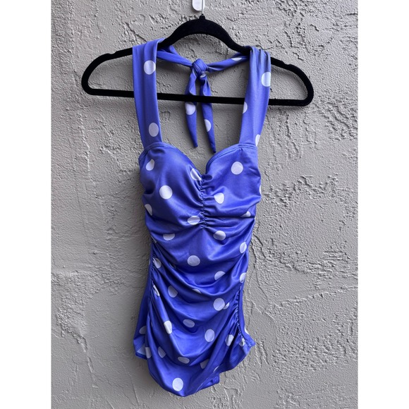 April Cornell NEW Retro Swimsuit Periwinkle Polka Dot Halter One Piece - Picture 4 of 9